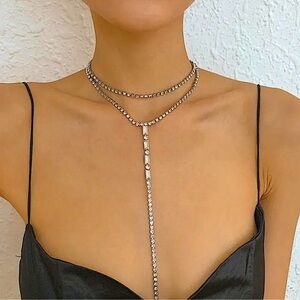 Silver Crystal Y Lariat Choker Rhinestone Drop Tassel Necklace